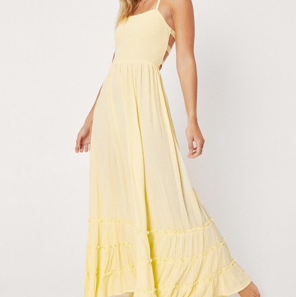 Lemon Yellow Shirred Strappy Back Maxi Beach Cover Up Dress - Picture 1 of 3